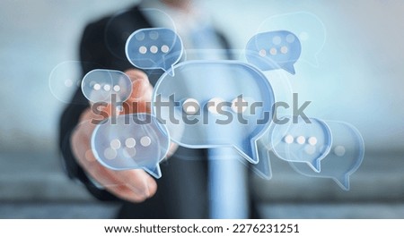 Man touching with his fingers digital blue speech bubbles talk icons. Minimal conversation or social media messages floating in front of businessman hand. 3D rendering