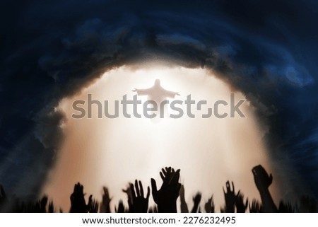 Heaven opens as God comes down to earth for the final judgment with blurry hands of people below. Royalty-Free Stock Photo #2276232495
