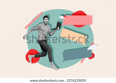 Composite collage picture of overjoyed cheerful black white effect guy jump run hold netbook empty space dialogue bubble