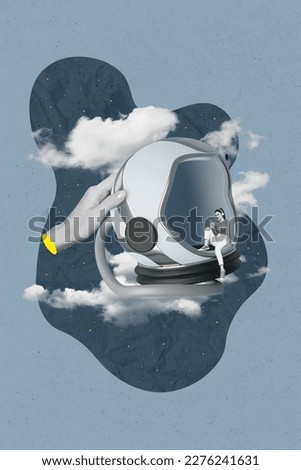 Vertical collage picture of arm hold astronaut helmet mini black white gamma girl sitting use smart phone listen music isolated on clouds sky background