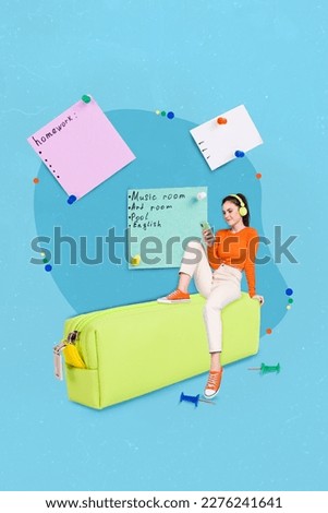 Vertical collage picture of mini girl sit big pencil case use smart phone memo paper stickers isolated on blue background