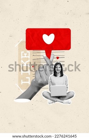Vertical collage image of black white gamma mini girl use netbook big arm fingers hold like notification show korean love gesture