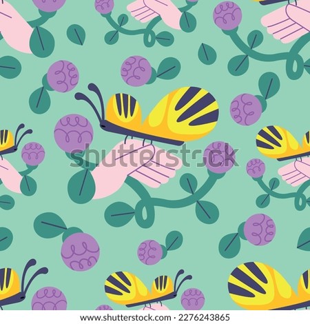 Seamless pattern with a butterfly sitting on the arm and flowers in menthol color. Fashionable background in a flat style.