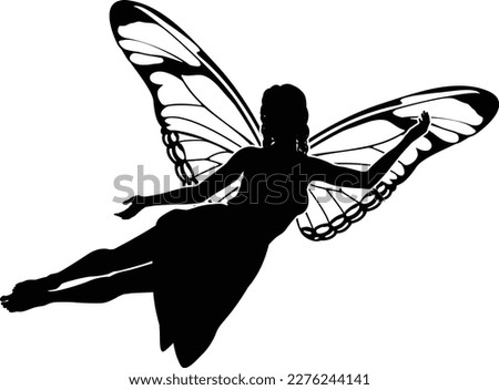A fairy in silhouette with butterfly style wings 