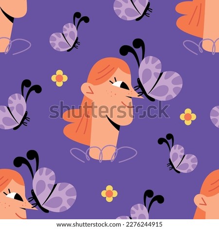 A repeating pattern with a girl and a butterfly. Fashionable print in a flat style.