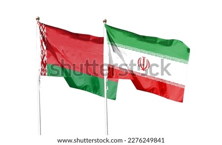 Iran flag and Belarus flag on cloudy sky. waving in the sky Royalty-Free Stock Photo #2276249841