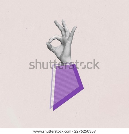 The female hand in purple sleeve showing the ok gesture on a light color background. Trendy creative 3d collage in magazine urban style. Contemporary art. Modern design. Okay hand sign