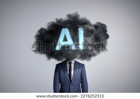 A person's head covered by an AI-labeled dark cloud Royalty-Free Stock Photo #2276252513