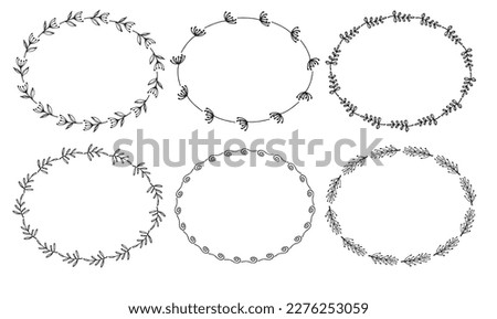 Set of hand drawn oval floral frames for wedding invitations or party. Flower vector frames clip art