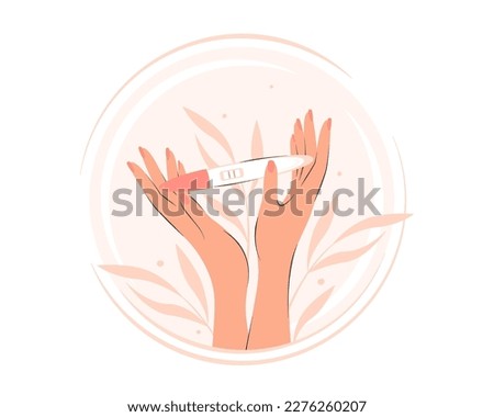 Female hands holds pregnancy test or ovulation with positive result in the form of two lines. Child planning and motherhood concept. Vector illustration. Royalty-Free Stock Photo #2276260207