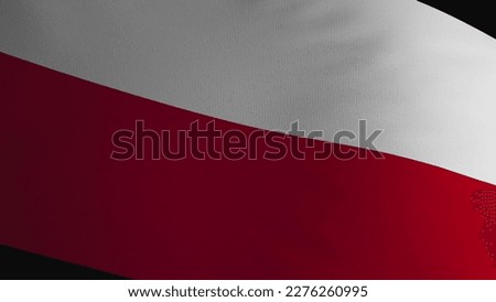The flag of the Republic of Poland is fluttering in the wind. The texture of the material on which the pattern is applied is visible. Symbol of state power.
