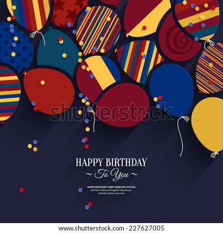 Colorful birthday card with paper balloons and wishes.