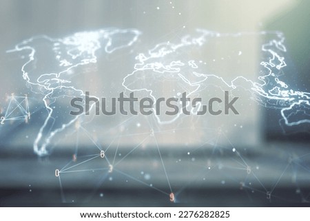 Double exposure of abstract digital world map on modern business center exterior background, research and strategy concept