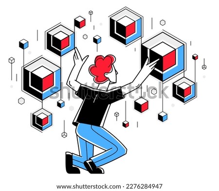 Inspired inventive designer or engineer composing abstract elements, creative worker doing some job and creating some system, vector outline illustration. Royalty-Free Stock Photo #2276284947