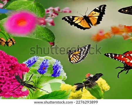 Butterflies in the garden, a picture created by artificial intelligence that suggests the beauty of colors