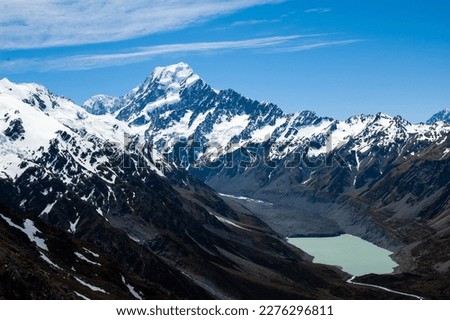 Mueller glacier lake view with snowy mountains mount Cook in the background, Aoraki mount cook national park new zealand Royalty-Free Stock Photo #2276296811