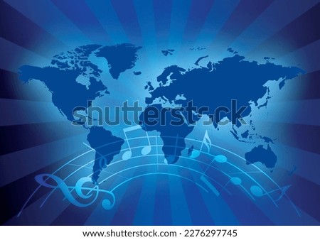 blue background with abstract music notes and world map - banner with light beams