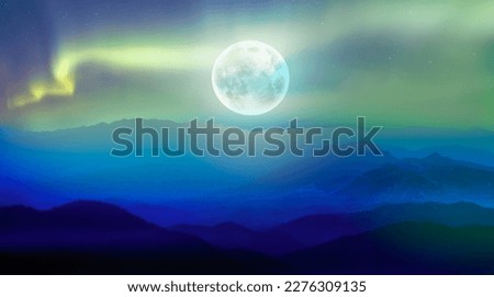 Beautiful landscape with blue misty silhouettes of mountains - Northern lights (Aurora borealis) over the mountains with super full moon - "Elements of this image furnished by NASA"