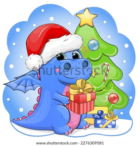A cute cartoon blue dragon in a Santa hat holds a gift and stands next to the Christmas tree. Xmas animal vector illustration on a blue background with snow.