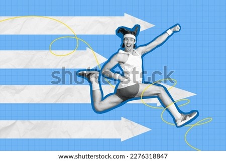 Composite photo collage of young professional sportsman running correct direction way finish fast speed isolated on blue color background