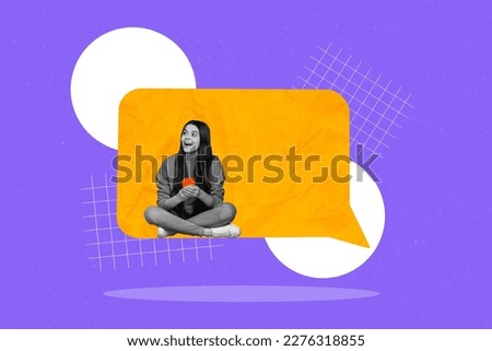 Creative vivid collage template of amazed teen lady sitting in text box using smart gadget network communication