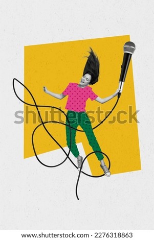 Vertical composite photo artwork sketch template collage of young crazy performer singer lady hold wired microphone isolated on gray background