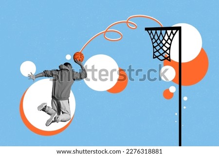 Creative drawing painting collage of white and black filters young tall basketball player making trick slam dunk pumping high up