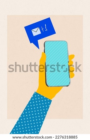 Photo collage picture of hand arm drawing holding modern technology smartphone have reminder new income message