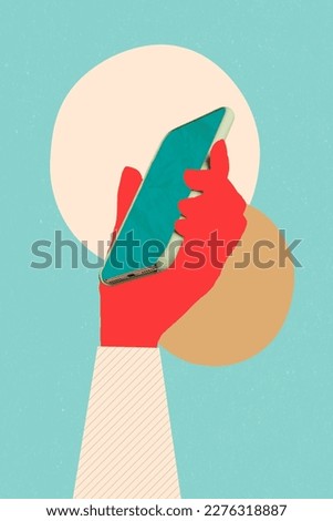 Painted hand arm holding teal color screen smartphone advertising new device gadget model sale discount offer price collage Royalty-Free Stock Photo #2276318887