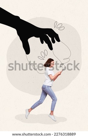 Creative collage of young funny running lady hold smartphone chatting shaming shadow fingers control her social media isolated on beige background