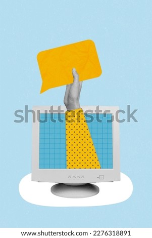Vertical collage image hand hold big income sms cloud out of retro computer screen notification reminder unread email Royalty-Free Stock Photo #2276318891