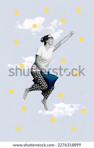 Vertical creative collage young girl waking up after full night sleeping healthy energy ready to catch stars flying on pillow