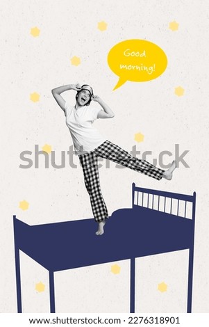 Vertical collage image of young woman stand on one leg on big bed have good mood wish good morning weekend vacation day off