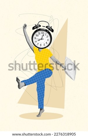 Vertical graphical collage girl wake up dancing delighted big retro clock instead of head caricature early morning good mood