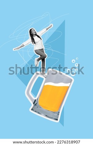 Creative poster template collage of funny young lady have celebration with friends drink big glass white light beer mug