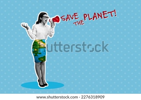 Minimal collage of young screaming microphone woman activist save the planet dress map print plastic pollution problem isolated on blue background Royalty-Free Stock Photo #2276318909