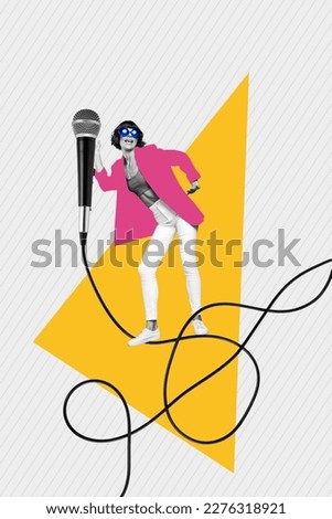 Creative picture magazine collage of funky cool crazy young lady hold microphone sing pop jazz song festive party advert