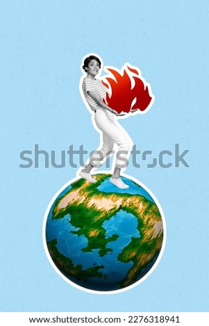 Creative trend collage of young lady activist walk earth planet hold heat flame try stop ecological disaster global warming