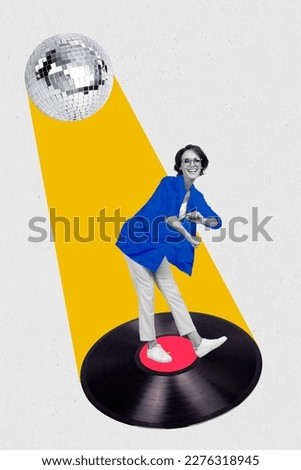 Magazine creative picture collage of young lady clubber dancing vintage turntable vinyl record under glowing disco ball
