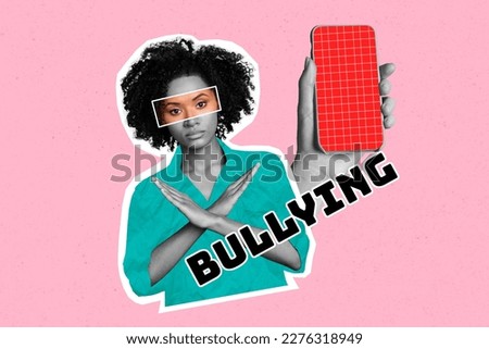 Creative magazine banner collage of young lady crossing arms stop cyberbullying concept while using modern gadget