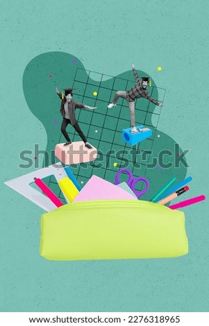 Vertical collage image of two mini black white colors guys stand eraser pencil sharpener flying big study equipment case isolated on painted background