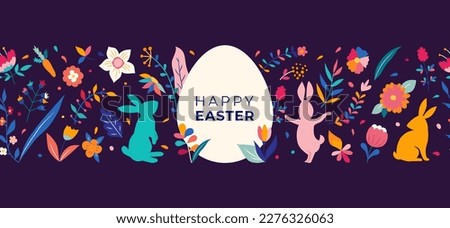 Easter bunnies, egg and flower decorations. Happy Easter banner. Minimalist style vector design with hand drawn elements