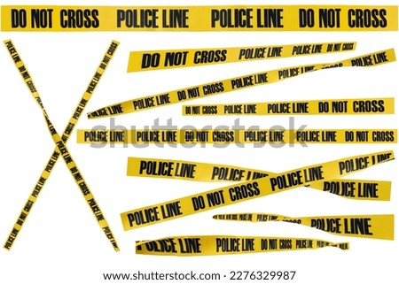 Yellow Belt with black color text message "POLICE LINE DO NOT CROSS" isolated on white background. This has clipping path.  Royalty-Free Stock Photo #2276329987