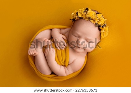 Top view of a newborn baby girl sleeping in an orange winding, in an orange bandage on her head, on an orange background. Beautiful portrait of a small newborn baby 7 days, one week old. Royalty-Free Stock Photo #2276353671