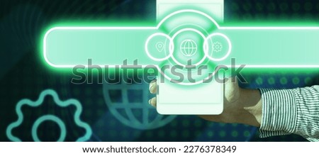 Hand Holding mobile phone presenting New Futuristic Technologies. Palm Carrying cellphone Displaying Solving Late Innovative Virtual Ideas. Screen glow.