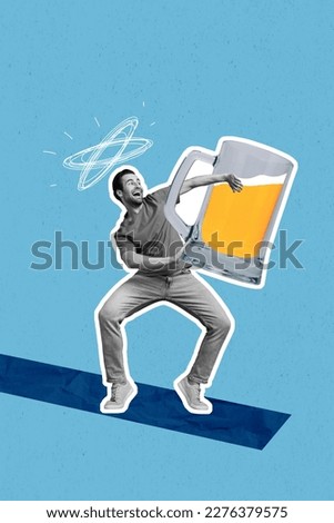 Creative magazine banner collage of funny young youth guy have celebration order big mug light beer leisure concept