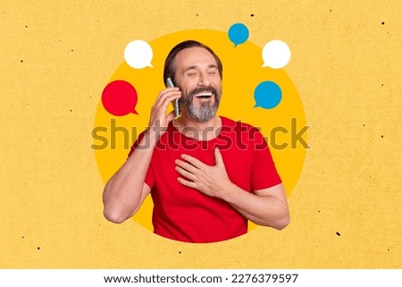 Collage image of overjoyed positive person speak communicate telephone laughing little dialogue bubbles isolated on yellow background