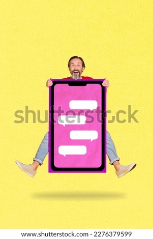 Vertical creative 3d photo collage of positive ecstatic funky guy hold smartphone show display isolated on yellow color background