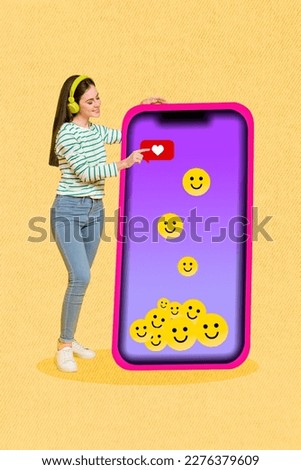 Vertical photo collage template of youngster listen music woman wear headphones click big smartphone display like icon isolated on yellow background