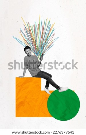 Creative picture pop collage of young guy sitting colorful geometric figure using hi tech smart telephone new model